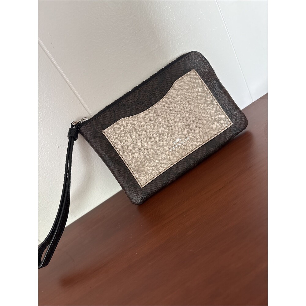 Coach Metallic Brown Signature C Coated Canvas Gold Leather Corner Zip Wristlet
